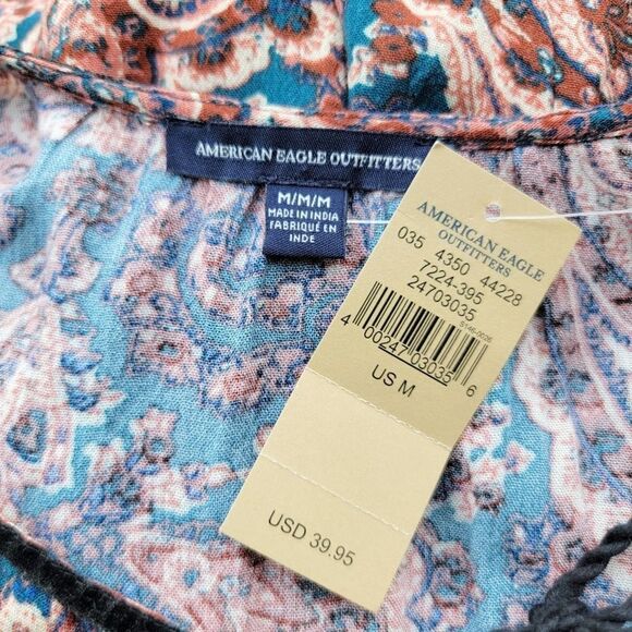 American Eagle Top Boho Peasant Paisley Print Tassle Ties sz M - Picture 3 of 4